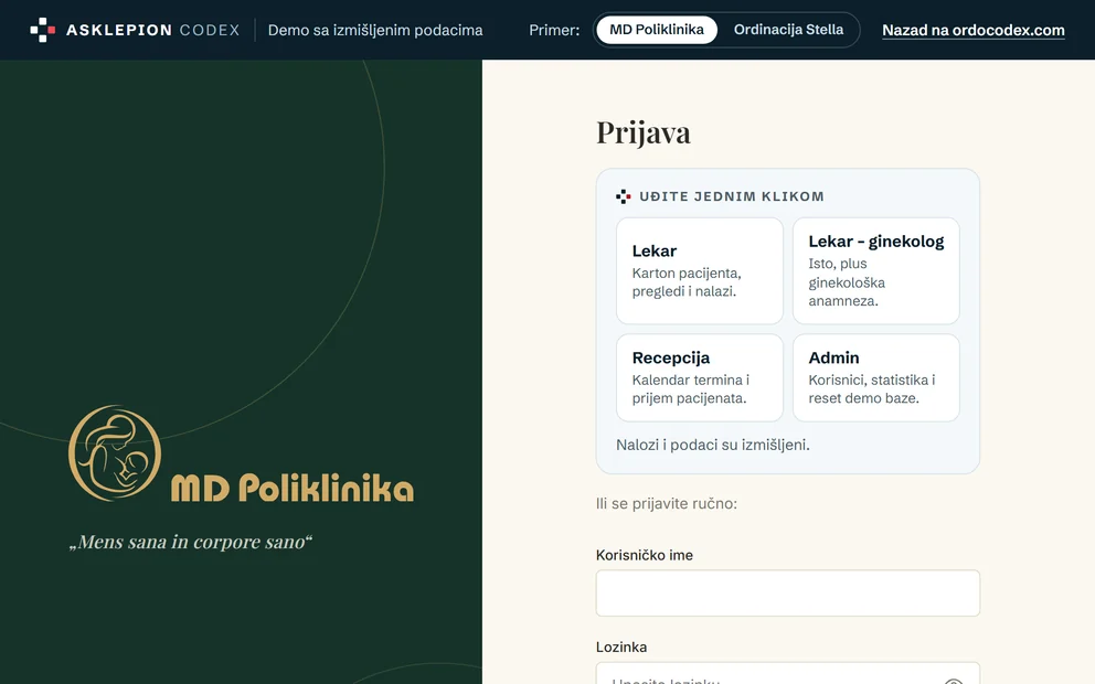 Izbor uloge pri prijavi u demo aplikaciju