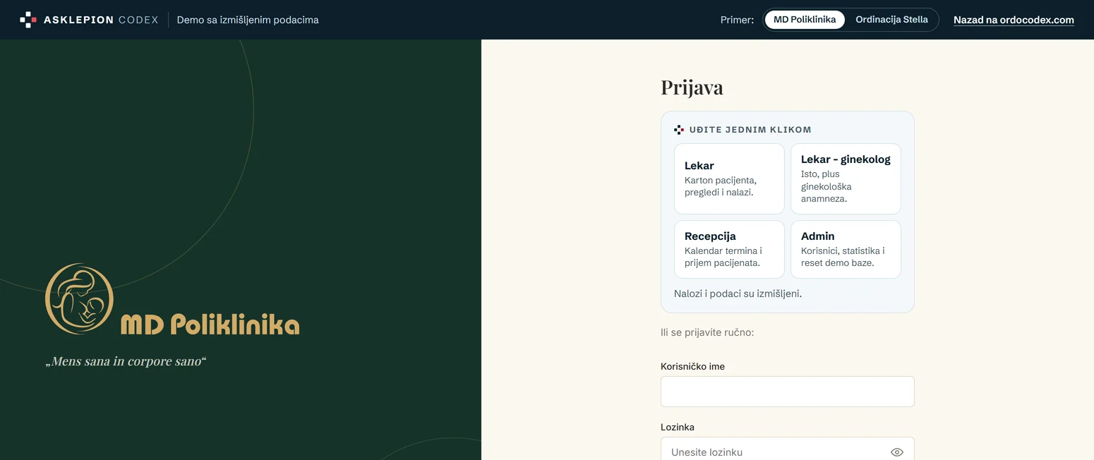Ekran za prijavu u demo aplikacije MD Poliklinike