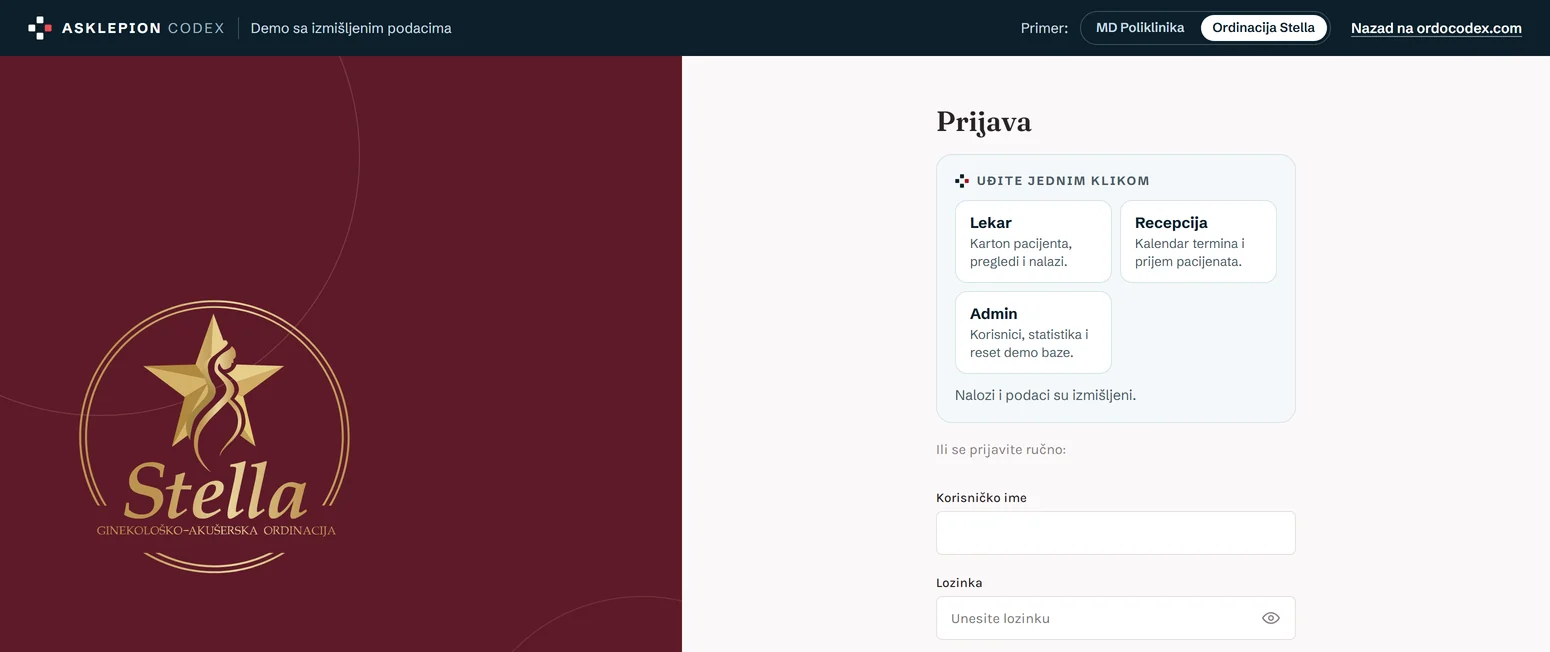 Ekran za prijavu u demo aplikacije ordinacije Stella